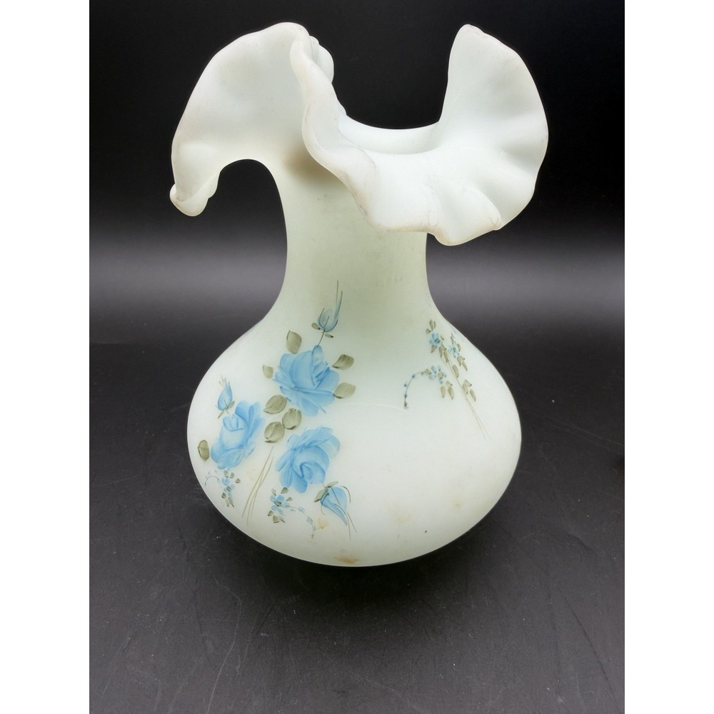 Vintage Fenton Blue Satin Glass Ruffled Vase Blue Roses Signed Metzger
